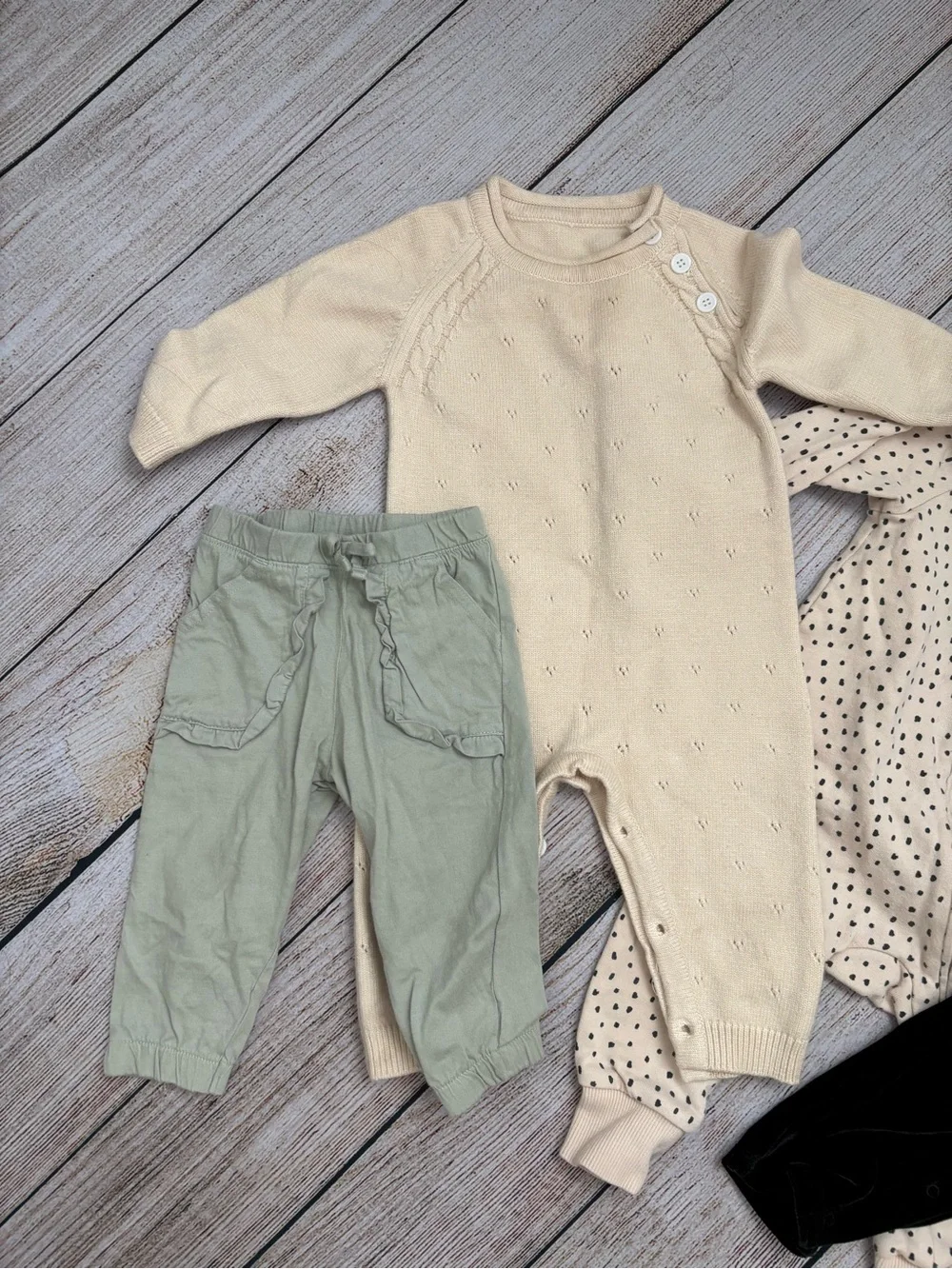Neutral Knit Romper, H&M Polka Zip Sleeper & Black Velvet Overalls 9m
